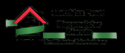 Red and green logo with house roof shape and ribbon banner design on black background